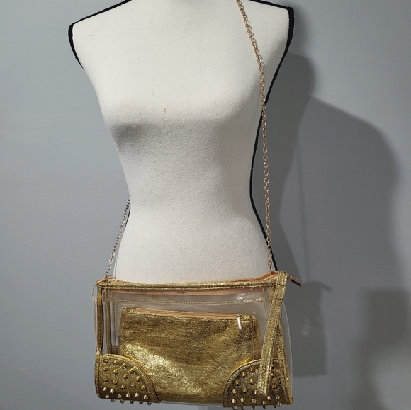 PVC Transparent Crossbody or Wristlet Bag, Gold, 2 Piece - Picture 2 of 16